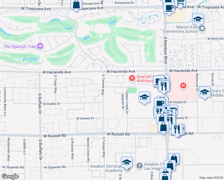 map of restaurants, bars, coffee shops, grocery stores, and more near 5431 Dancing Bear Drive in Las Vegas