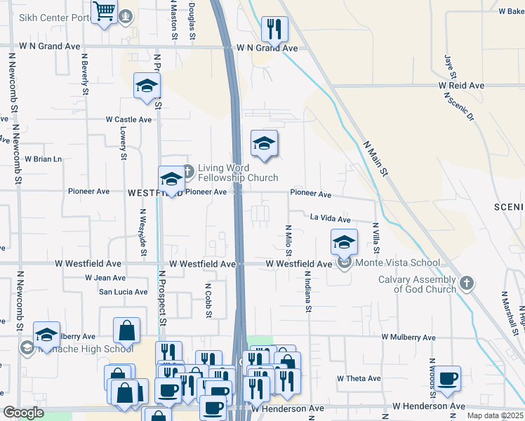 map of restaurants, bars, coffee shops, grocery stores, and more near 930A La Vida Lane in Porterville
