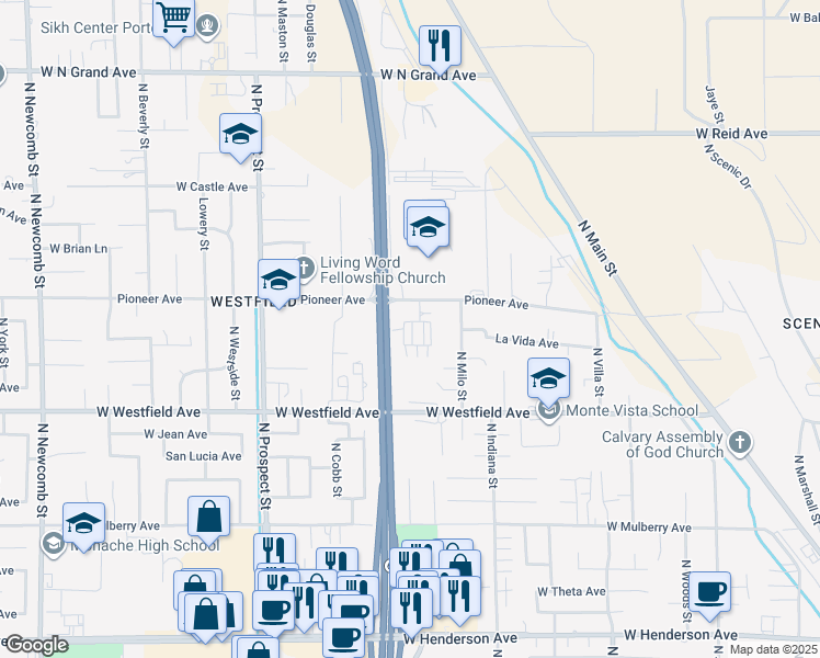 map of restaurants, bars, coffee shops, grocery stores, and more near 930A La Vida Lane in Porterville