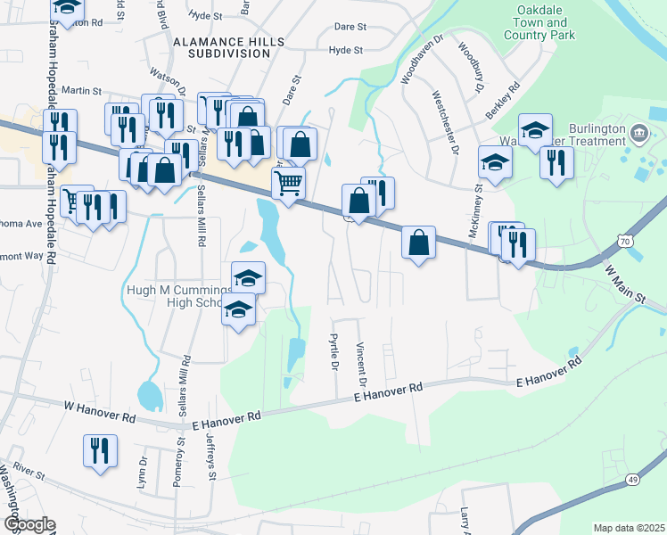 map of restaurants, bars, coffee shops, grocery stores, and more near Travelers Rest Drive in Burlington