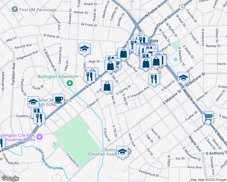 map of restaurants, bars, coffee shops, grocery stores, and more near 831 South Spring Street in Burlington