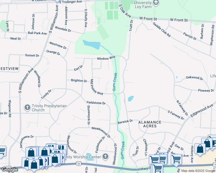 map of restaurants, bars, coffee shops, grocery stores, and more near 3006 Sunningdale Court in Elon