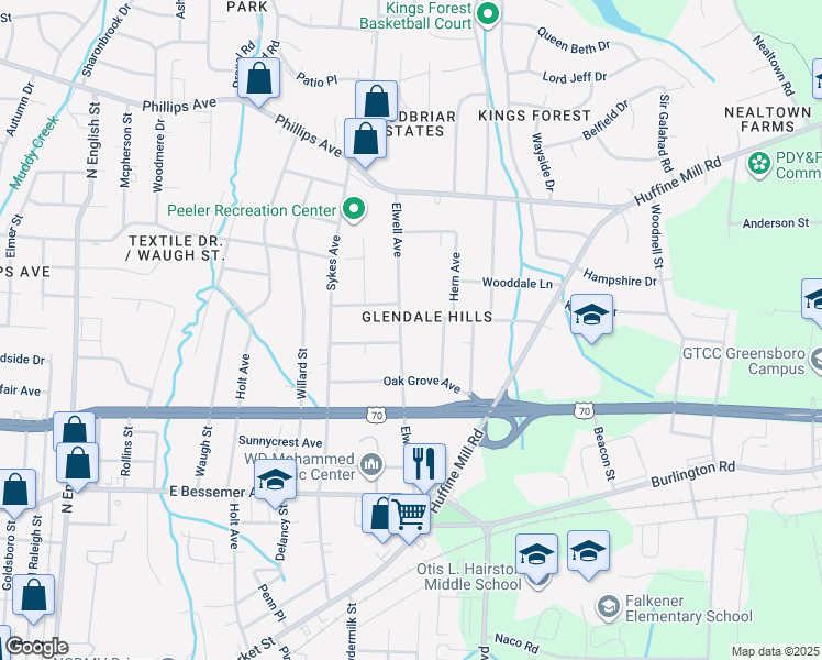 map of restaurants, bars, coffee shops, grocery stores, and more near in Greensboro