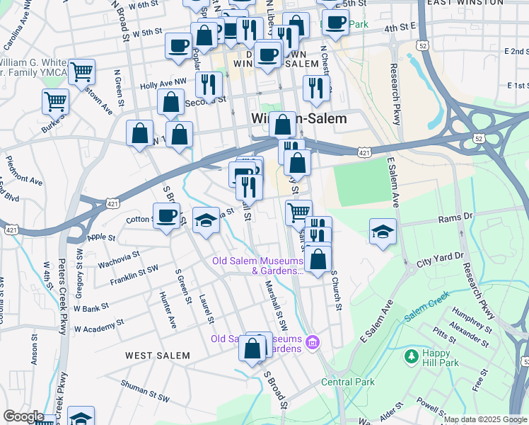 map of restaurants, bars, coffee shops, grocery stores, and more near 436 Factory Row in Winston-Salem