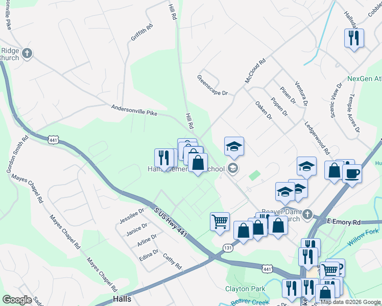 map of restaurants, bars, coffee shops, grocery stores, and more near 7600 Jewel Way in Knoxville