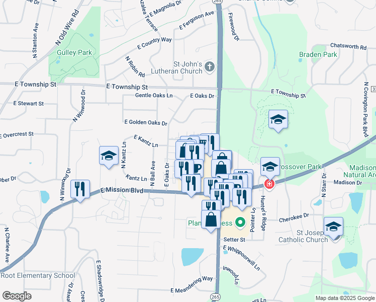 map of restaurants, bars, coffee shops, grocery stores, and more near 2649 Kantz Drive in Fayetteville