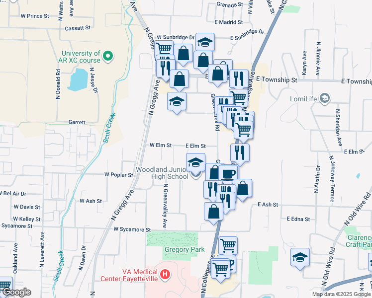 map of restaurants, bars, coffee shops, grocery stores, and more near 2040 North Erstan Avenue in Fayetteville
