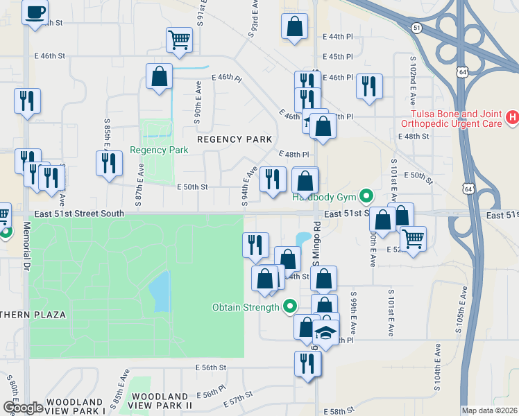 map of restaurants, bars, coffee shops, grocery stores, and more near 9410 East 50th Place in Tulsa