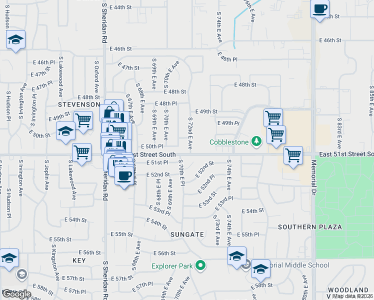 map of restaurants, bars, coffee shops, grocery stores, and more near 7022 East 50th Place in Tulsa