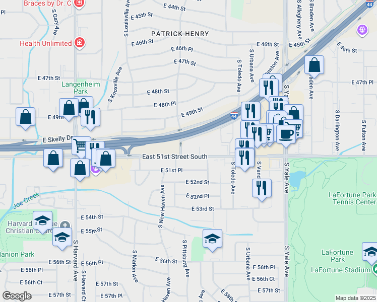 map of restaurants, bars, coffee shops, grocery stores, and more near 4109 East 51st Street in Tulsa