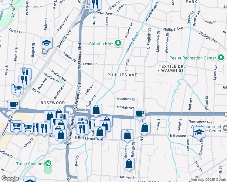 map of restaurants, bars, coffee shops, grocery stores, and more near 1901 Taylor Street in Greensboro