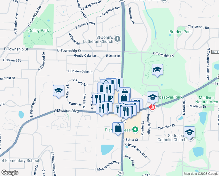 map of restaurants, bars, coffee shops, grocery stores, and more near 2649 Kantz Drive in Fayetteville