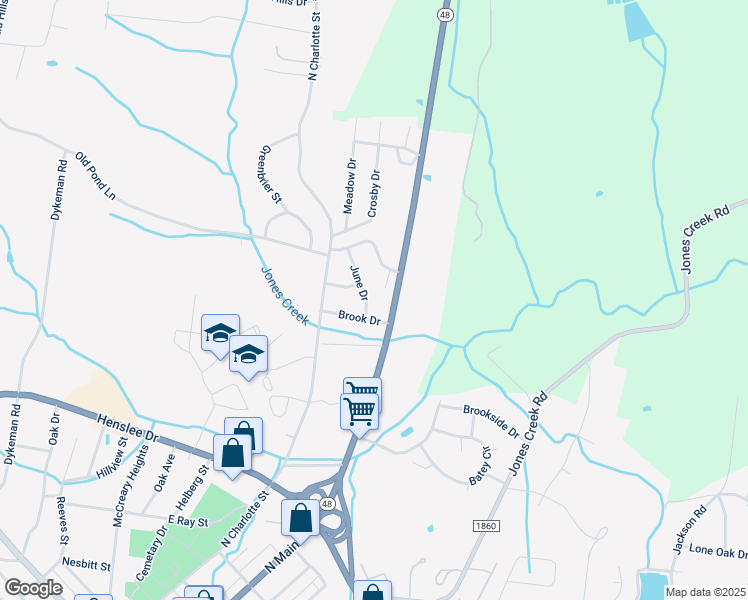 map of restaurants, bars, coffee shops, grocery stores, and more near 102 June Drive in Dickson