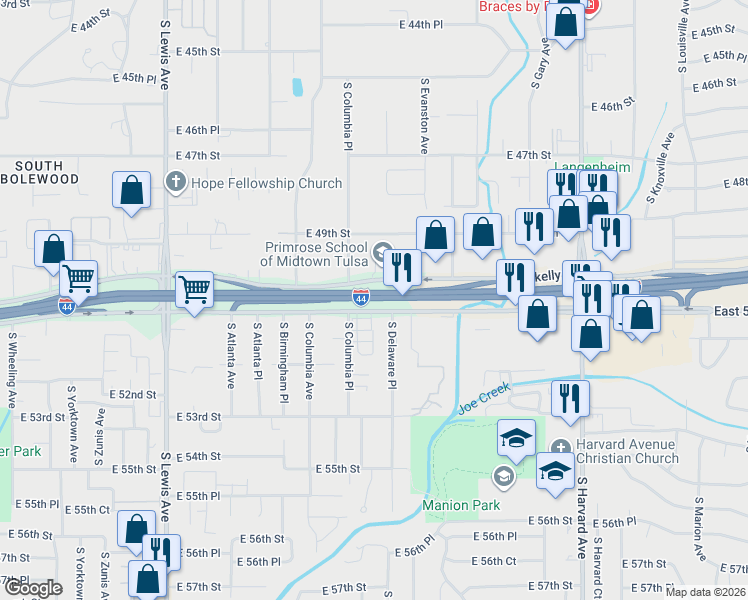 map of restaurants, bars, coffee shops, grocery stores, and more near 2807 E 51st St in Tulsa