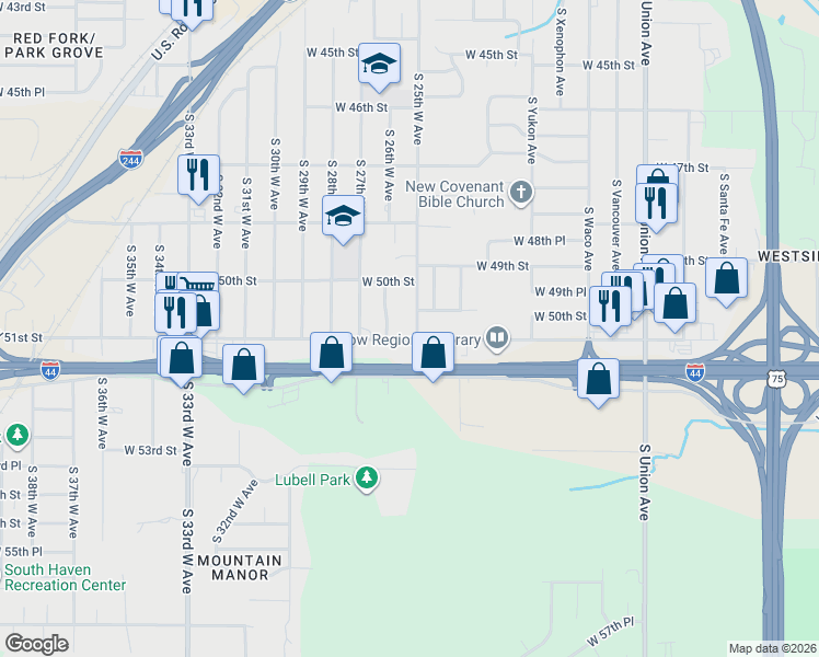 map of restaurants, bars, coffee shops, grocery stores, and more near 2503 West 51st Street in Tulsa