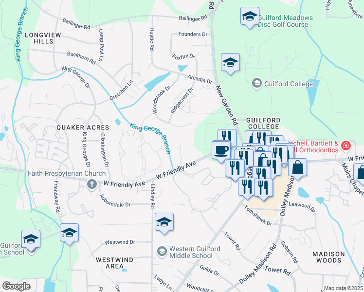 map of restaurants, bars, coffee shops, grocery stores, and more near 5930 West Friendly Avenue in Greensboro