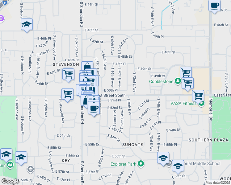 map of restaurants, bars, coffee shops, grocery stores, and more near 6914 East 50th Place in Tulsa