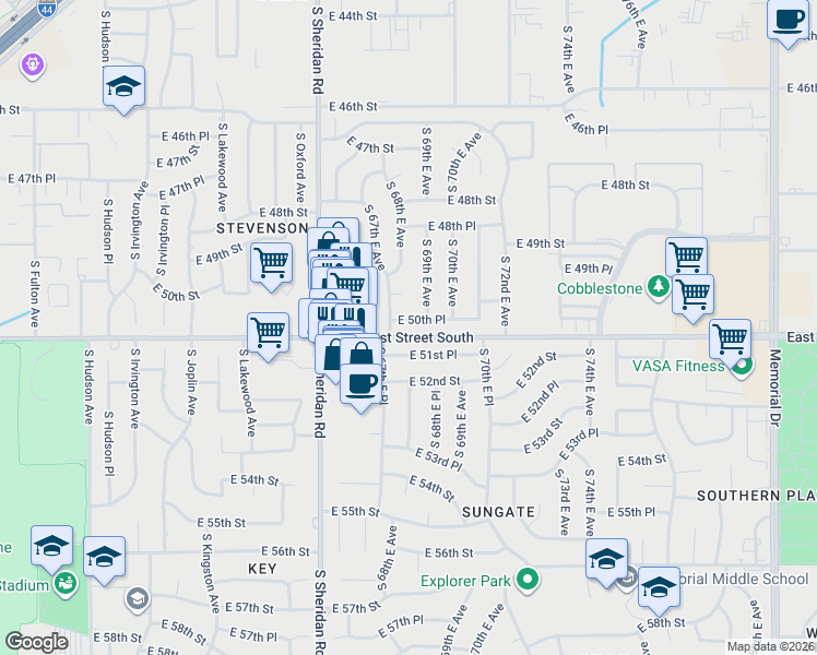 map of restaurants, bars, coffee shops, grocery stores, and more near 6814 East 50th Place in Tulsa
