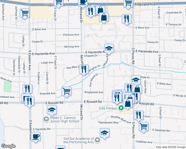 map of restaurants, bars, coffee shops, grocery stores, and more near 5517 Fire Island Drive in Las Vegas