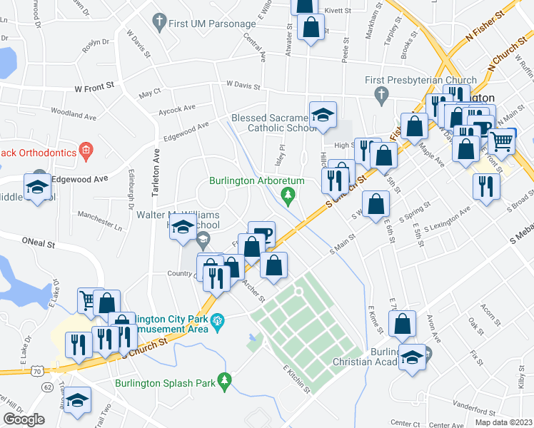 map of restaurants, bars, coffee shops, grocery stores, and more near 404 West Willowbrook Drive in Burlington