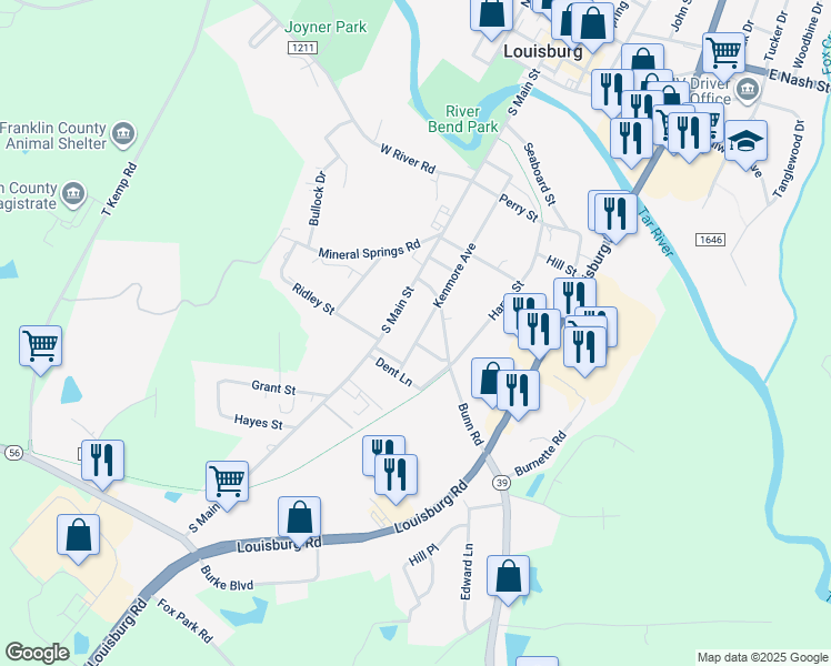 map of restaurants, bars, coffee shops, grocery stores, and more near 813 Kenmore Avenue in Louisburg
