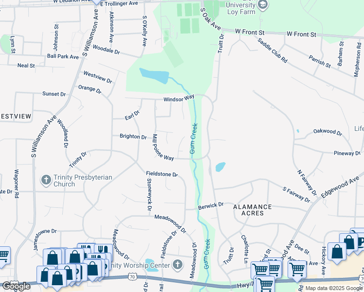map of restaurants, bars, coffee shops, grocery stores, and more near 3000 Sunningdale Court in Elon