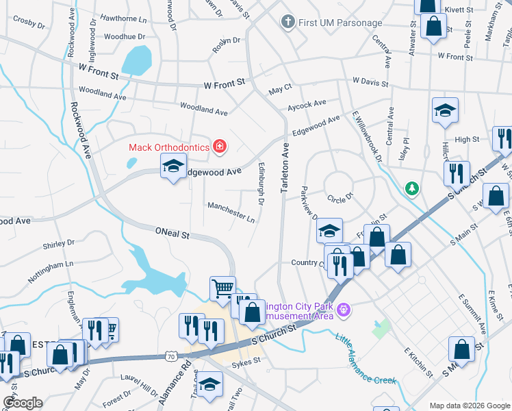 map of restaurants, bars, coffee shops, grocery stores, and more near 414 Edinburgh Drive in Burlington