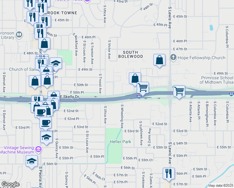 map of restaurants, bars, coffee shops, grocery stores, and more near 1813 East Skelly Drive in Tulsa