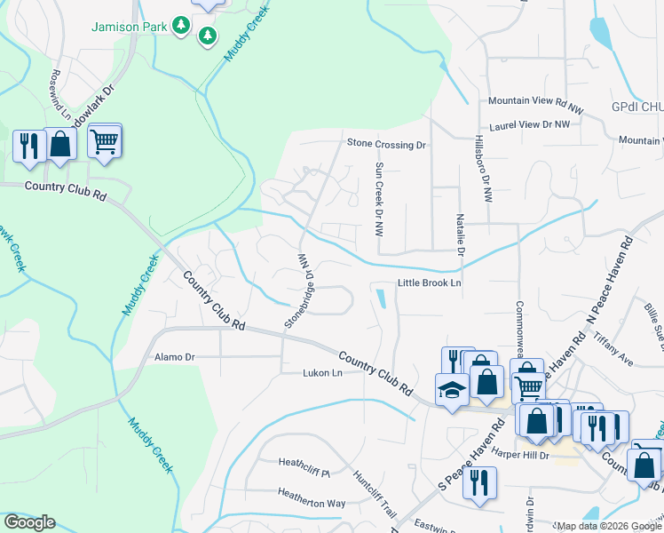 map of restaurants, bars, coffee shops, grocery stores, and more near 515 Rock Cliff Court in Winston-Salem
