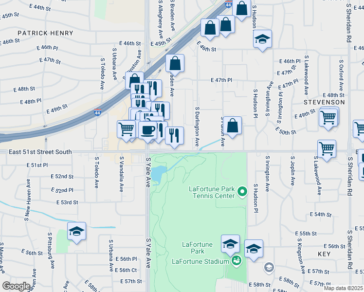 map of restaurants, bars, coffee shops, grocery stores, and more near 5137 East 51st Street in Tulsa