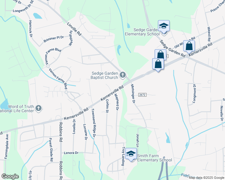 map of restaurants, bars, coffee shops, grocery stores, and more near 4129 Kernersville Road in Winston-Salem