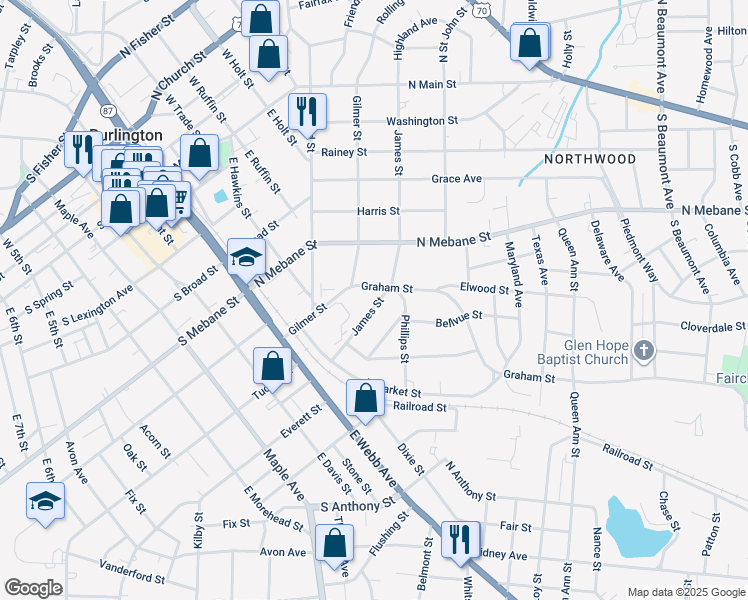 map of restaurants, bars, coffee shops, grocery stores, and more near 611 James Street in Burlington