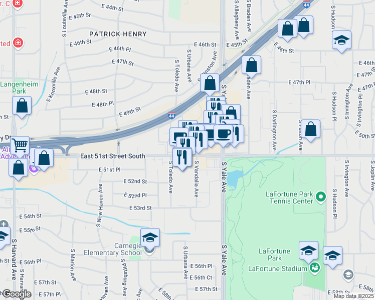 map of restaurants, bars, coffee shops, grocery stores, and more near 4525 East 51st Street in Tulsa