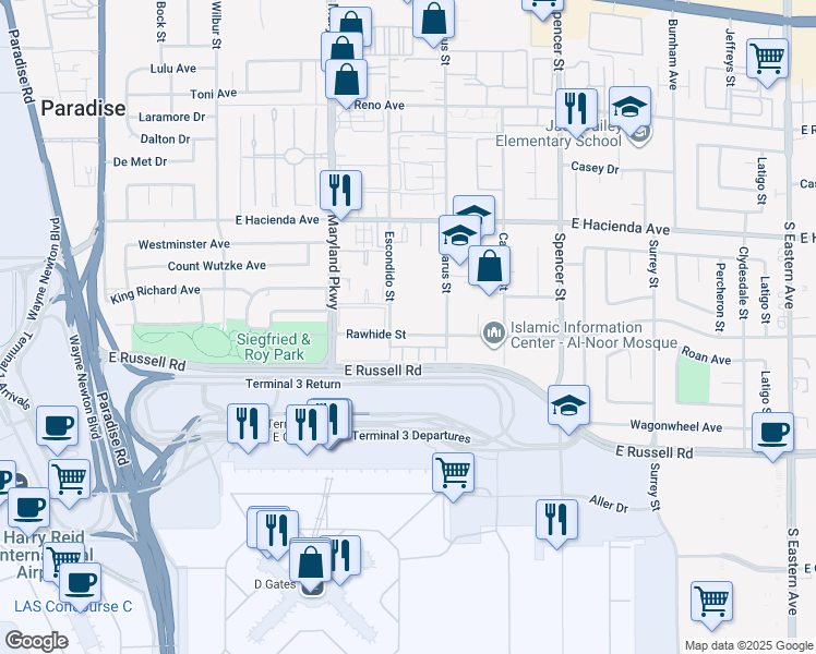 map of restaurants, bars, coffee shops, grocery stores, and more near 1390 Rawhide St in Las Vegas