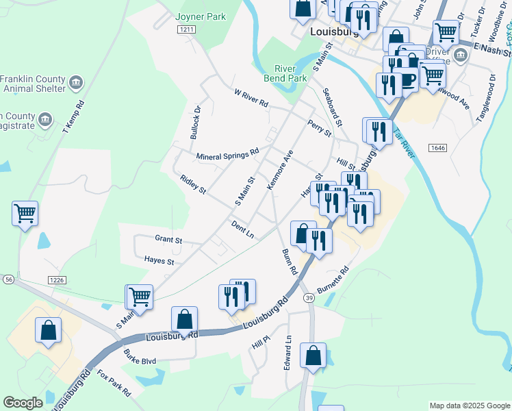 map of restaurants, bars, coffee shops, grocery stores, and more near 813 Kenmore Avenue in Louisburg
