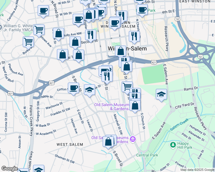 map of restaurants, bars, coffee shops, grocery stores, and more near 411 Marshall Street South in Winston-Salem