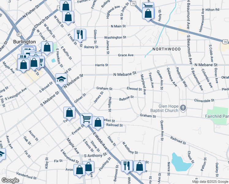 map of restaurants, bars, coffee shops, grocery stores, and more near 613 Phillips Street in Burlington