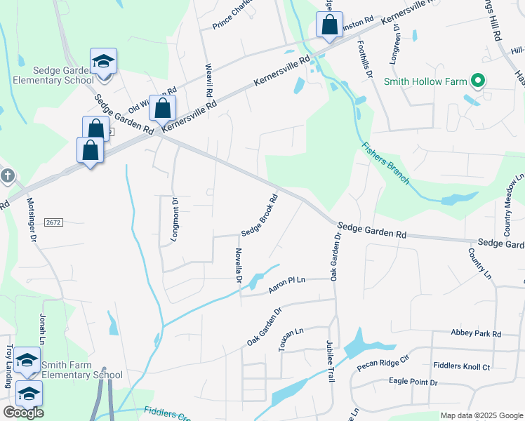 map of restaurants, bars, coffee shops, grocery stores, and more near 5172 Sedge Brook Road in Kernersville