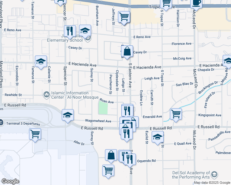 map of restaurants, bars, coffee shops, grocery stores, and more near 5473 Clydesdale Street in Las Vegas
