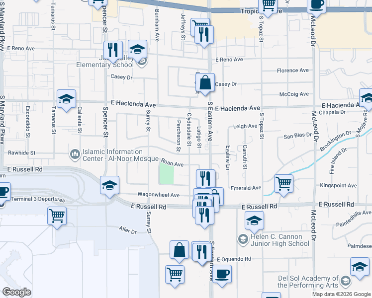map of restaurants, bars, coffee shops, grocery stores, and more near 5473 Clydesdale Street in Las Vegas