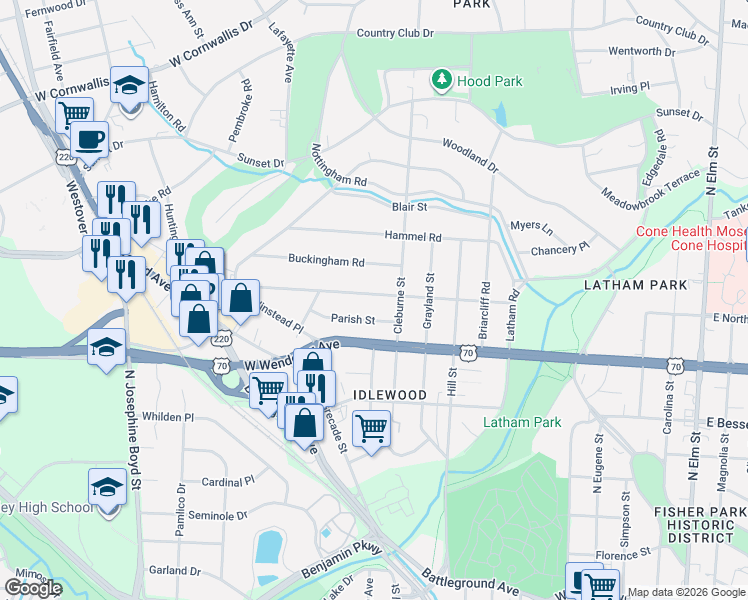 map of restaurants, bars, coffee shops, grocery stores, and more near 1113 West Northwood Street in Greensboro