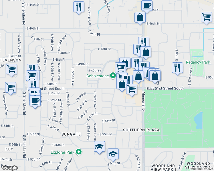map of restaurants, bars, coffee shops, grocery stores, and more near 5023 South 76th East Avenue in Tulsa