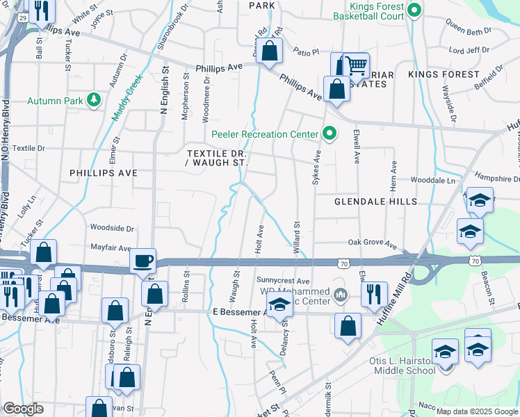 map of restaurants, bars, coffee shops, grocery stores, and more near 831 Holt Avenue in Greensboro