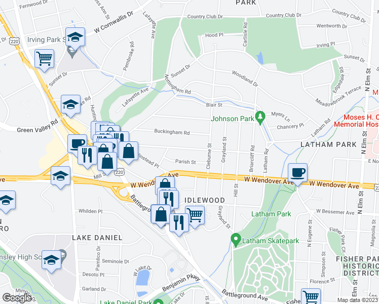 map of restaurants, bars, coffee shops, grocery stores, and more near 1119 West Northwood Street in Greensboro