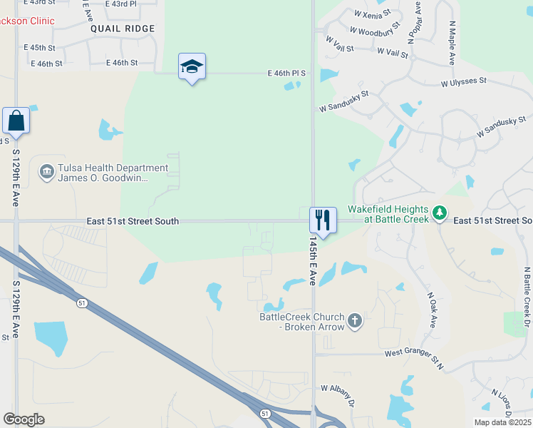 map of restaurants, bars, coffee shops, grocery stores, and more near 13799 East 51st Street South in Broken Arrow
