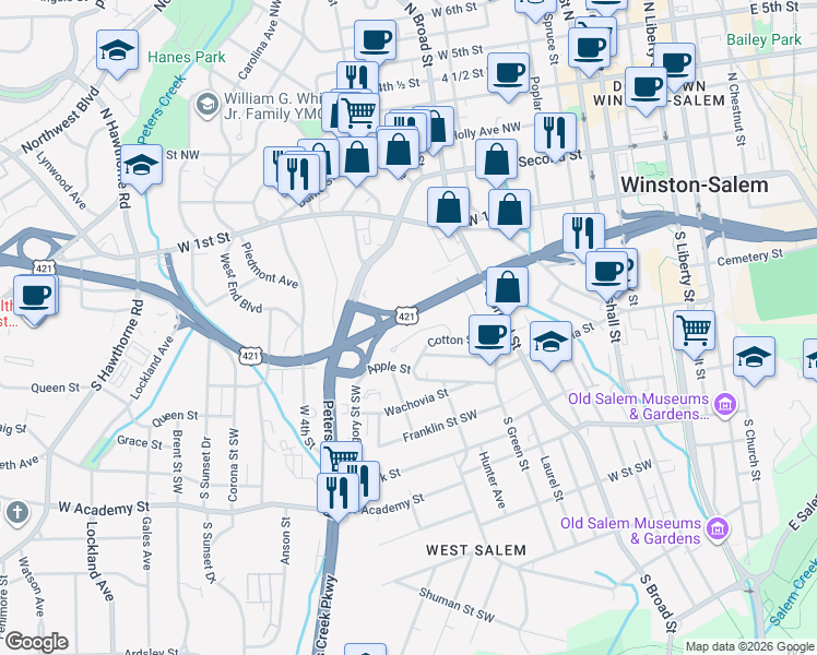 map of restaurants, bars, coffee shops, grocery stores, and more near 857 Salem Pointe Lane in Winston-Salem