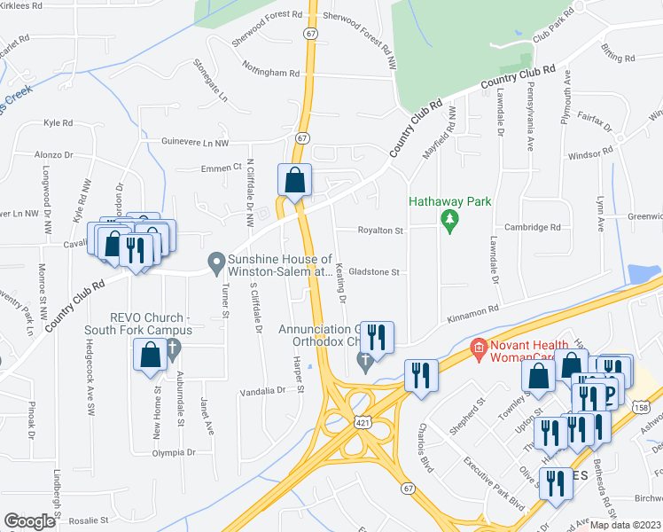 map of restaurants, bars, coffee shops, grocery stores, and more near 260 Keating Drive in Winston-Salem