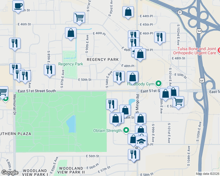 map of restaurants, bars, coffee shops, grocery stores, and more near 9410 East 50th Place in Tulsa
