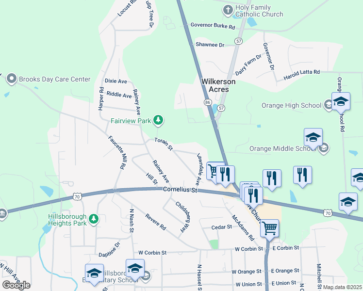 map of restaurants, bars, coffee shops, grocery stores, and more near 179 Lawndale Ave in Hillsborough