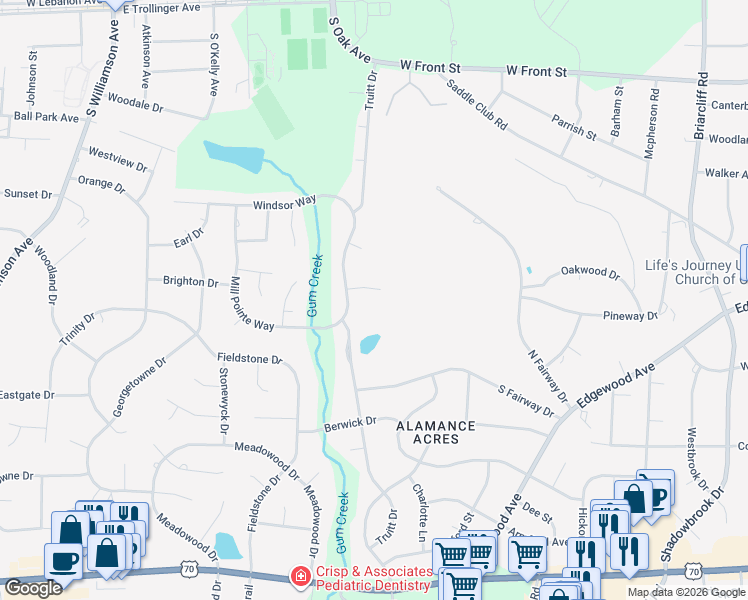 map of restaurants, bars, coffee shops, grocery stores, and more near 105 Turnbury Place in Elon